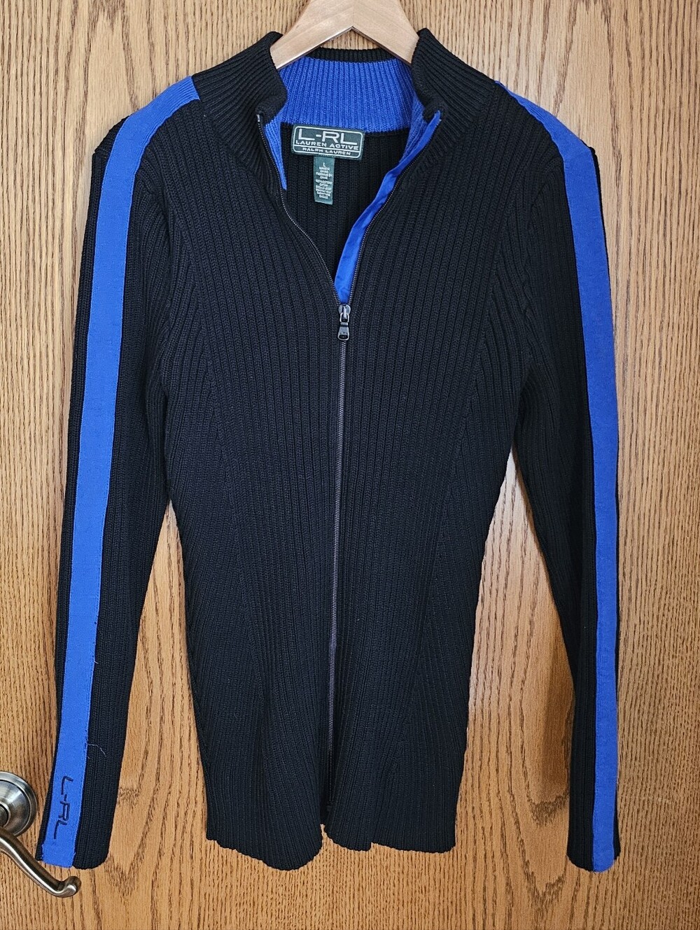 Ralph Lauren Active Black Zip-Up Sweater with Blue Shoulder Stripes
